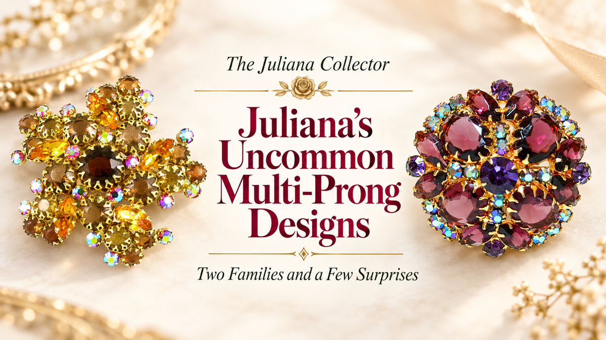 Juliana's uncommon multi-prong designs: gold and purple oval-prong brooch and warm topaz round-prong brooch on champagne background