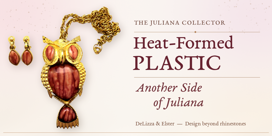 The Juliana Collector — Heat-Formed Plastic: Another Side of Juliana, with an original photograph of the vintage owl pendant and matching earrings