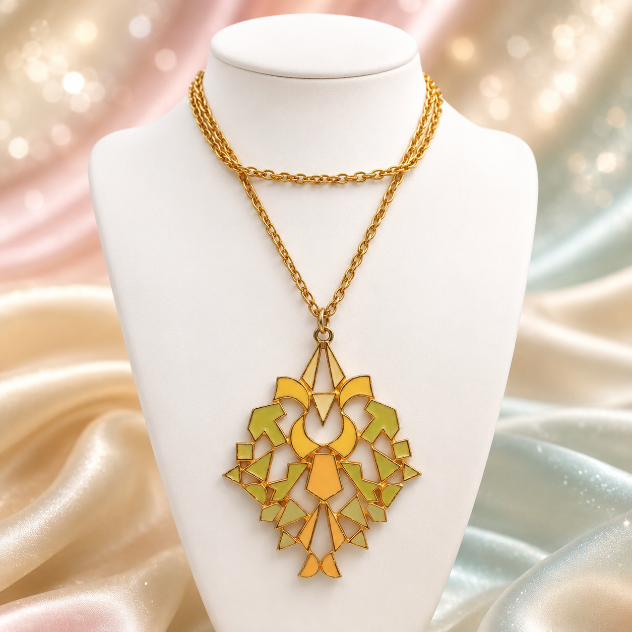 Vintage JULIANA 1973 Kaleidoscope Three Color Enamel Pendant Necklace Book Piece IIJJ#23