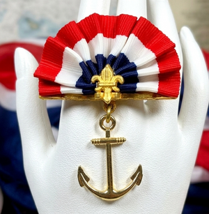 Vintage JULIANA NOS Nautical Anchor Patriotic Pleated Ribbon Brooch Red IIJJ#8861