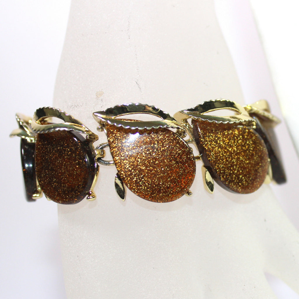 Vintage Copper Gold Glitter Brown Thermoset Necklace Bracelet Earrings Parure