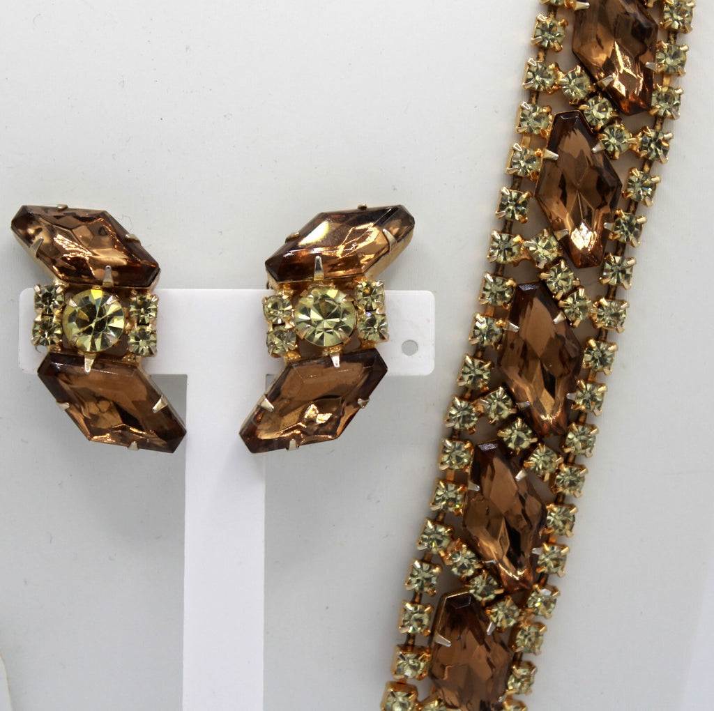 Vintage Topaz Yellow Rhinestone Large Hexagon Necklace Bracelet Earrings Set