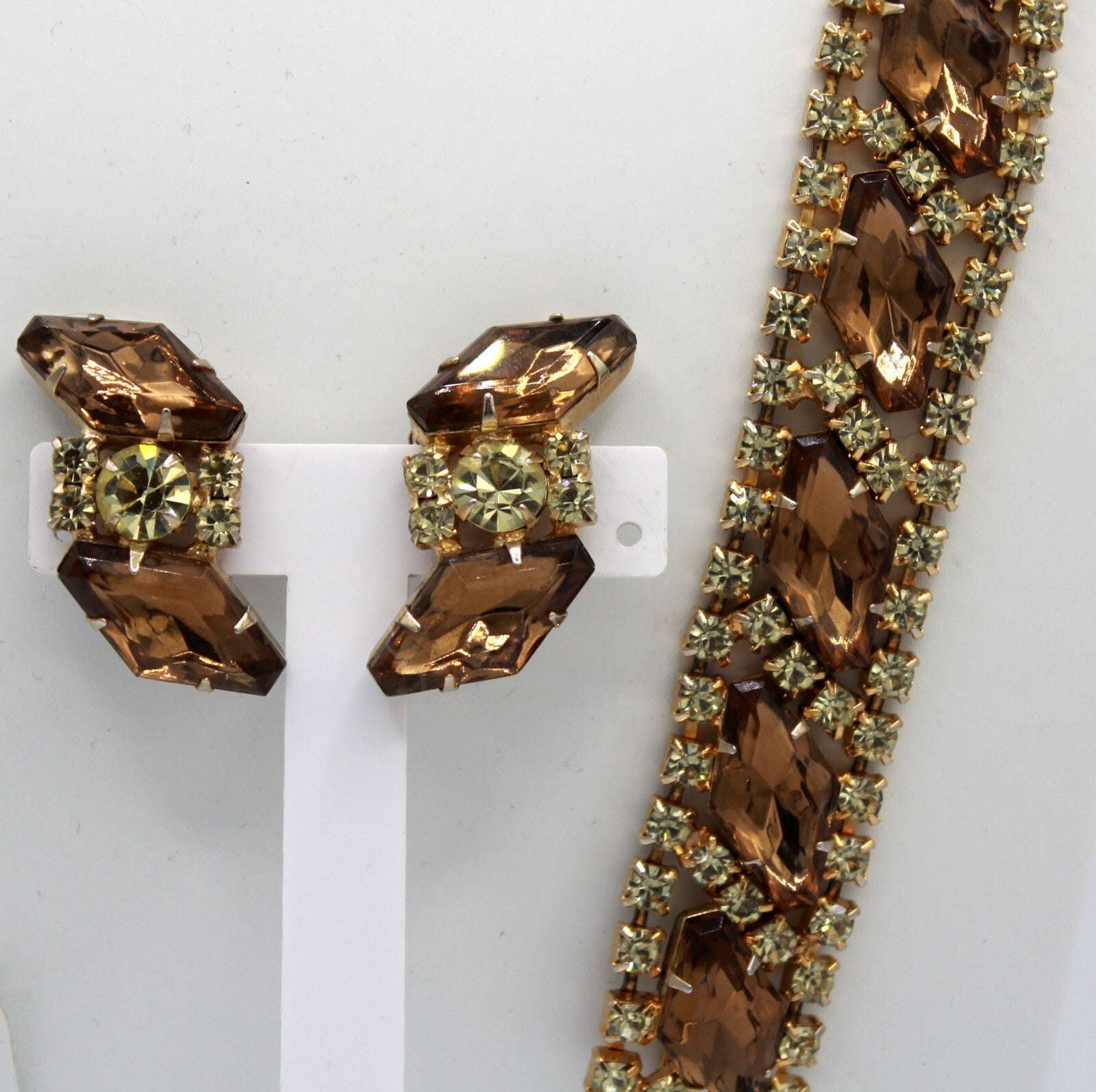 Vintage Topaz Yellow Rhinestone Large Hexagon Necklace Bracelet Earrings Set