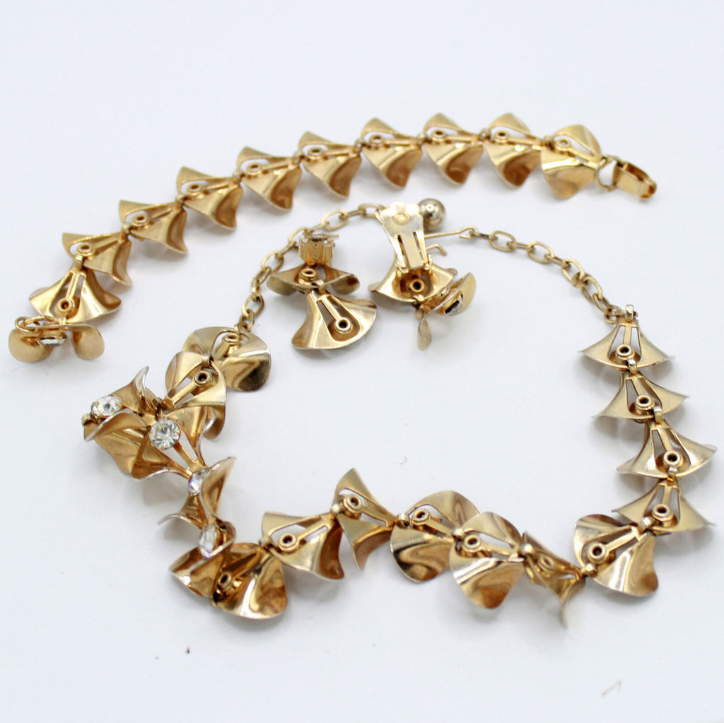 Vintage Clear Rhinestone Golden CALLA LILY Flower Necklace Bracelet Earrings Set