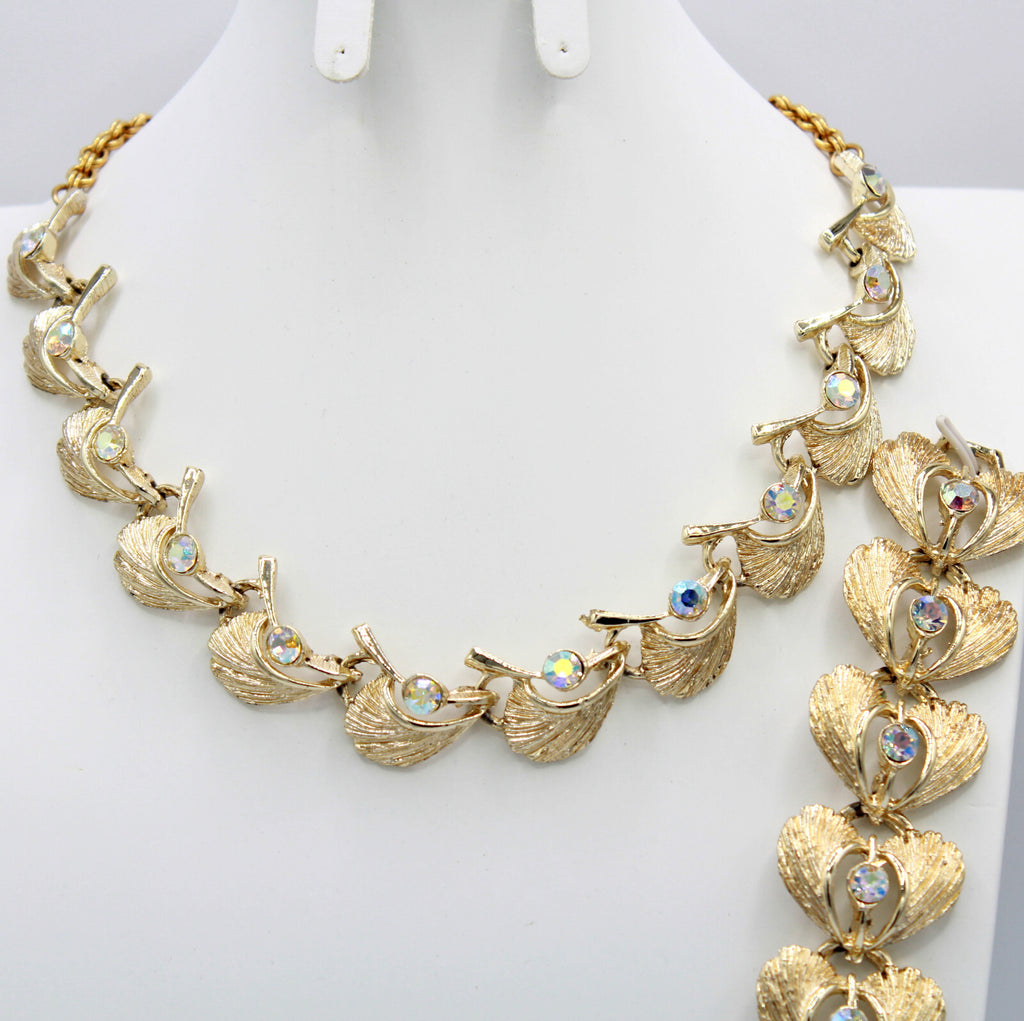 Vintage AB RHINESTONE Brushed Gold Toned Feather Necklace Bracelet Earrings Set