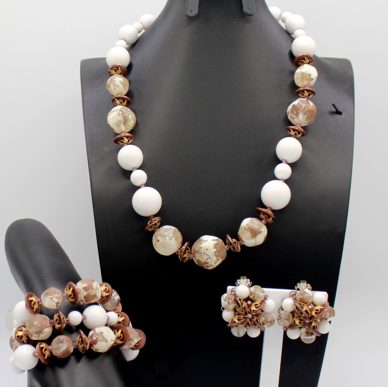 Vintage DEAUVILLE Painted Beads Gold Mauve White Necklace Bracelet Earrings Set