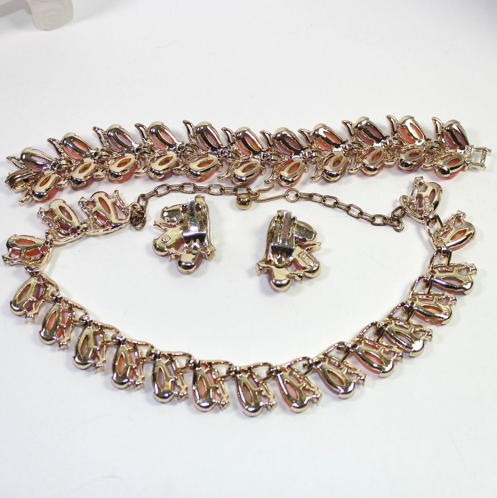 VTG ART Pastel Pink Lavender Thermoset Rhinestone Necklace Bracelet Earrings Set