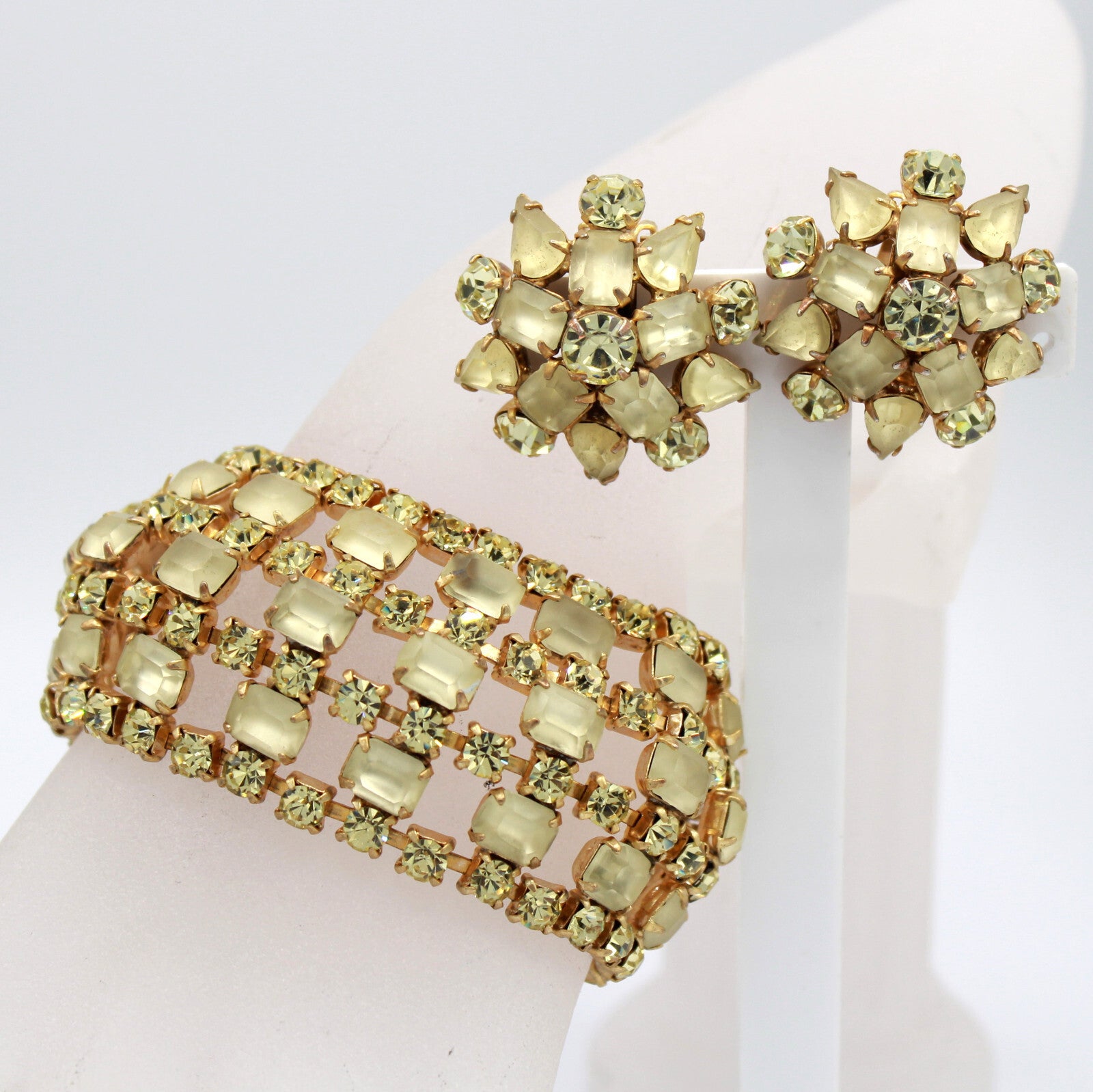 Vintage Frosted Yellow Jonquil Rhinestone Wide Bracelet Clip Earrings Set