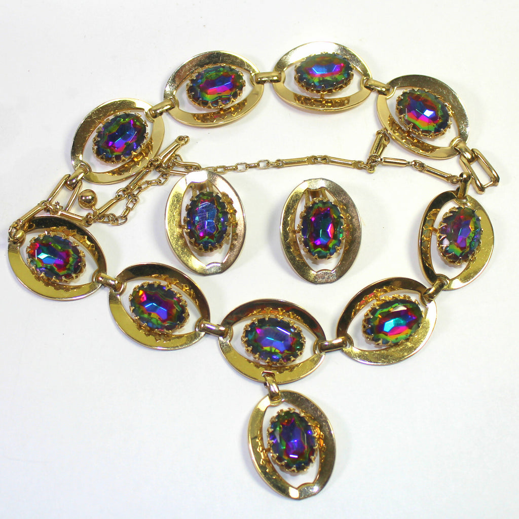 Vintage WATERMELON Vitrail Rhinestone Statement Necklace Bracelet Earrings Set