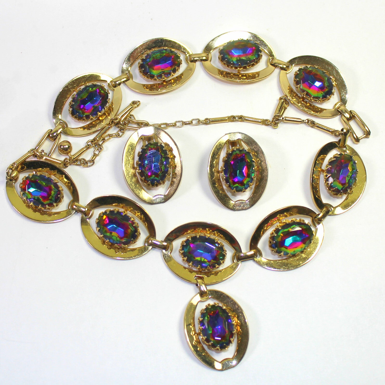 Vintage WATERMELON Vitrail Rhinestone Statement Necklace Bracelet Earrings Set