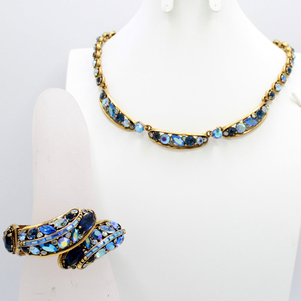 Vintage 1959 HOLLYCRAFT Blue AB Rhinestone Necklace Hinged Bracelet Set