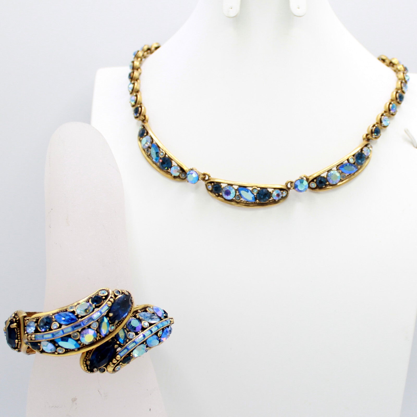 Vintage 1959 HOLLYCRAFT Blue AB Rhinestone Necklace Hinged Bracelet Set