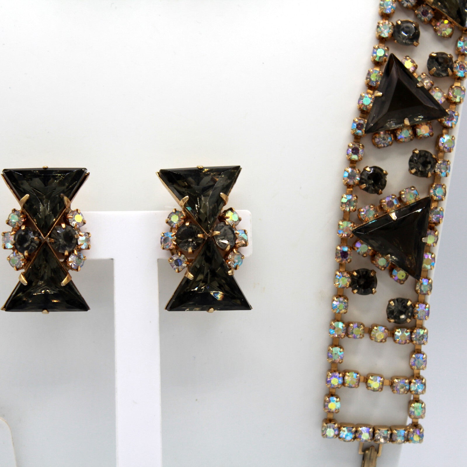Vintage BLACK DIAMOND GRAY Triangle AB Rhinestone Necklace Bracelet Earrings Set