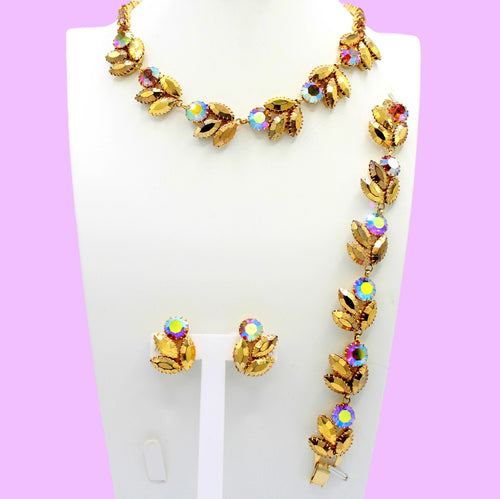 Vintage AURUM GOLD Rhinestone Pink AB Topaz Necklace Bracelet Earrings Set