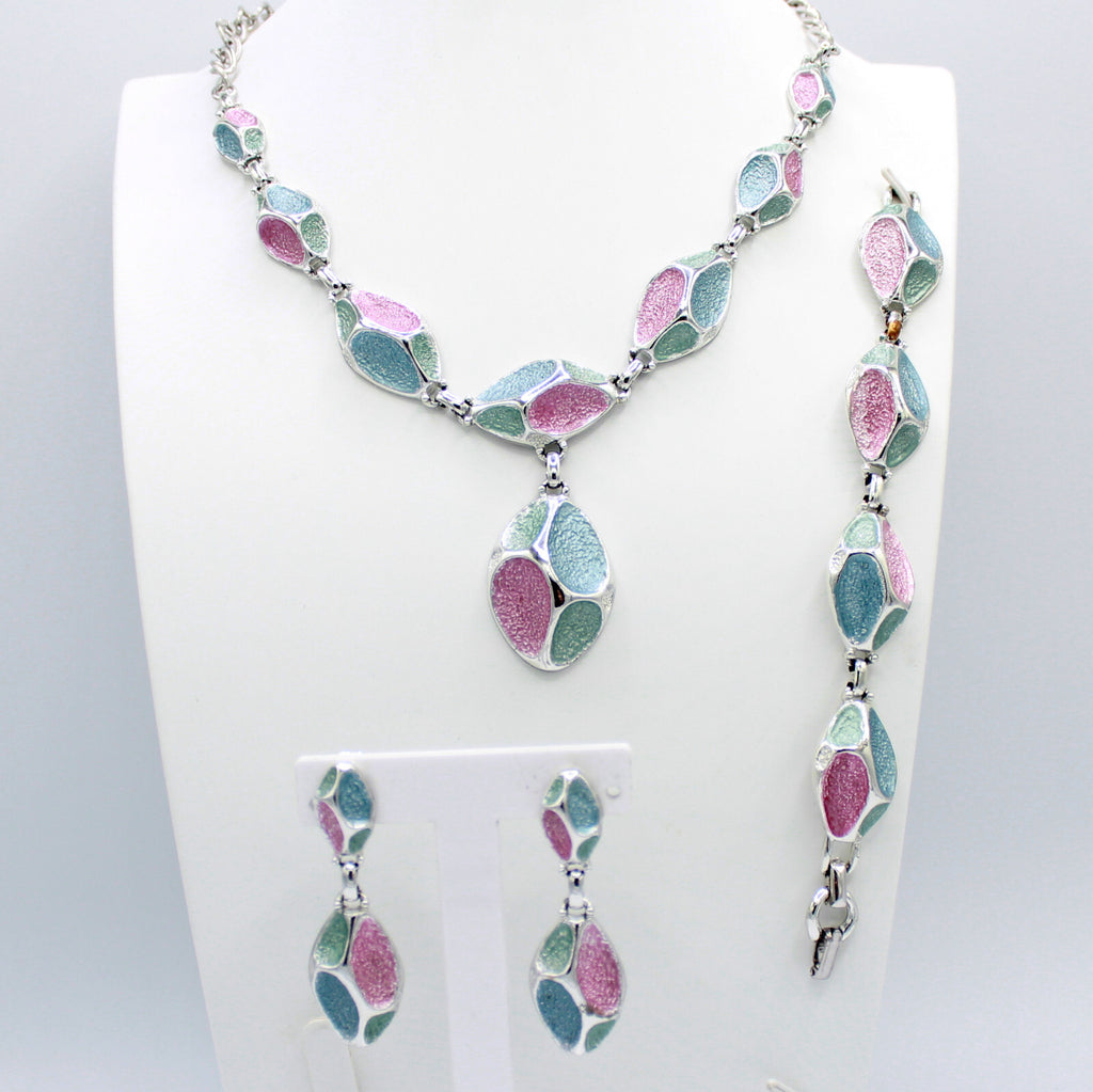 Vintage EMMONS Sparkle Blue Pink Green Enamel Mod Necklace Bracelet Earrings Set