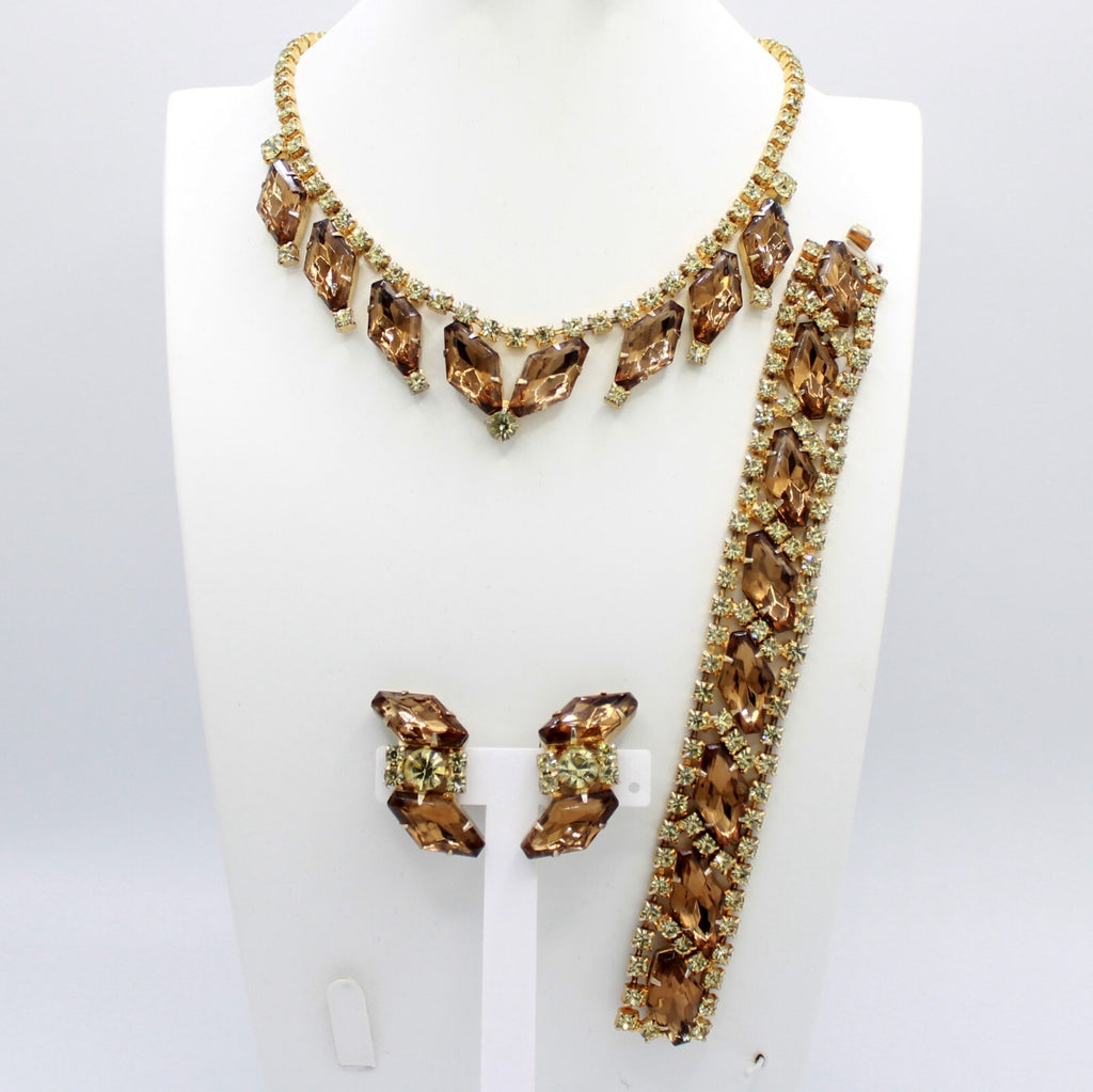 Vintage Topaz Yellow Rhinestone Large Hexagon Necklace Bracelet Earrings Set