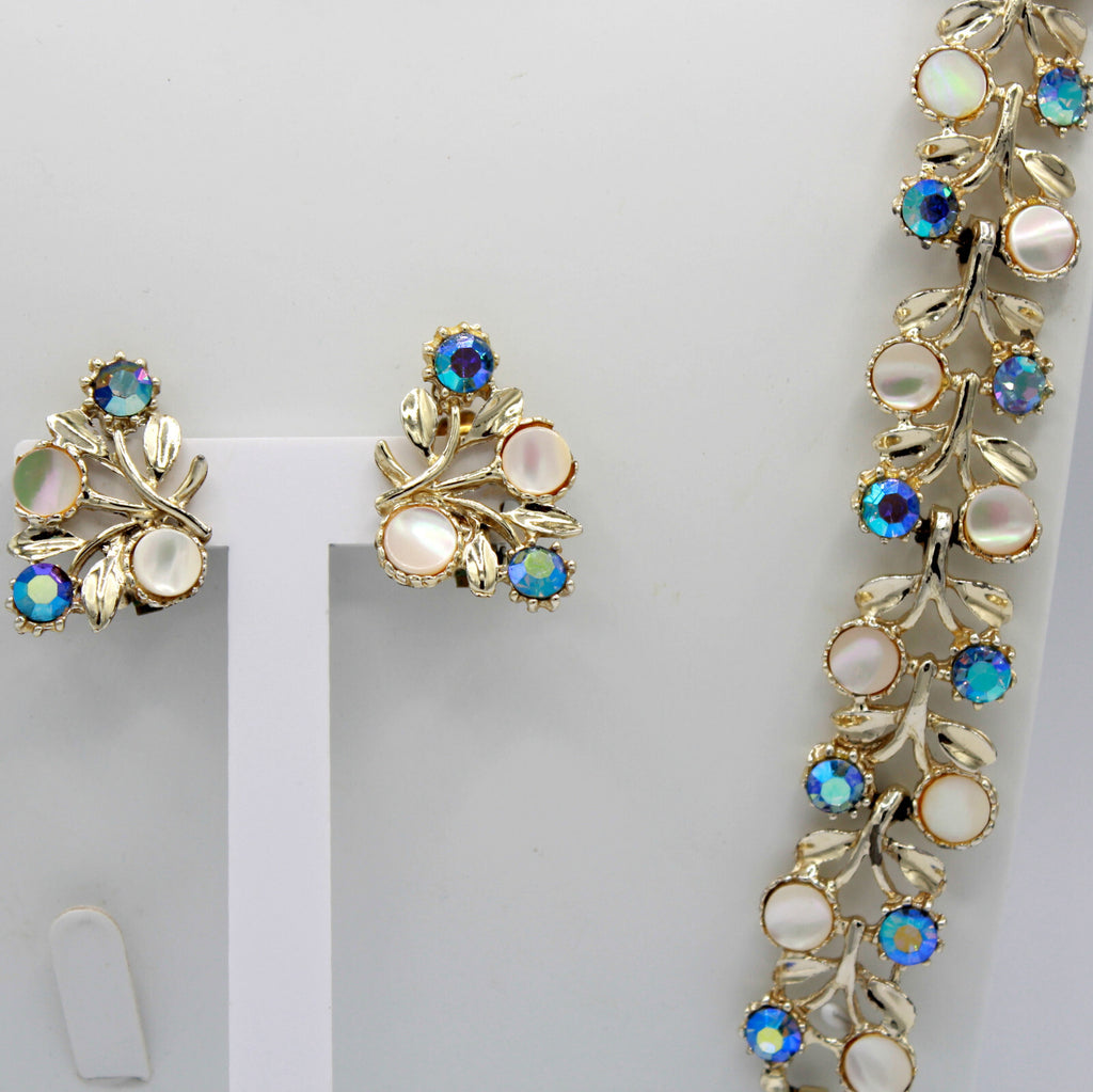 Vintage Blue AB Rhinestone MOP Disk Flower Leaf Necklace Bracelet Earrings Set