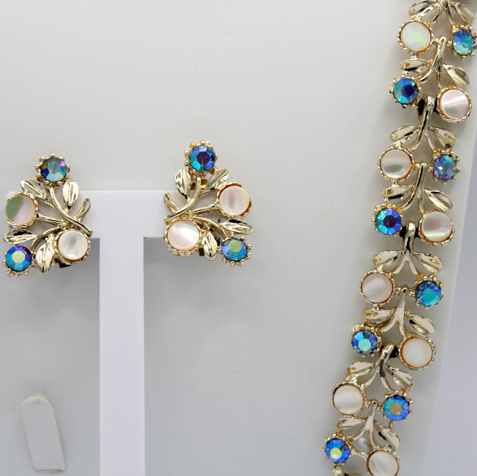 Vintage Blue AB Rhinestone MOP Disk Flower Leaf Necklace Bracelet Earrings Set