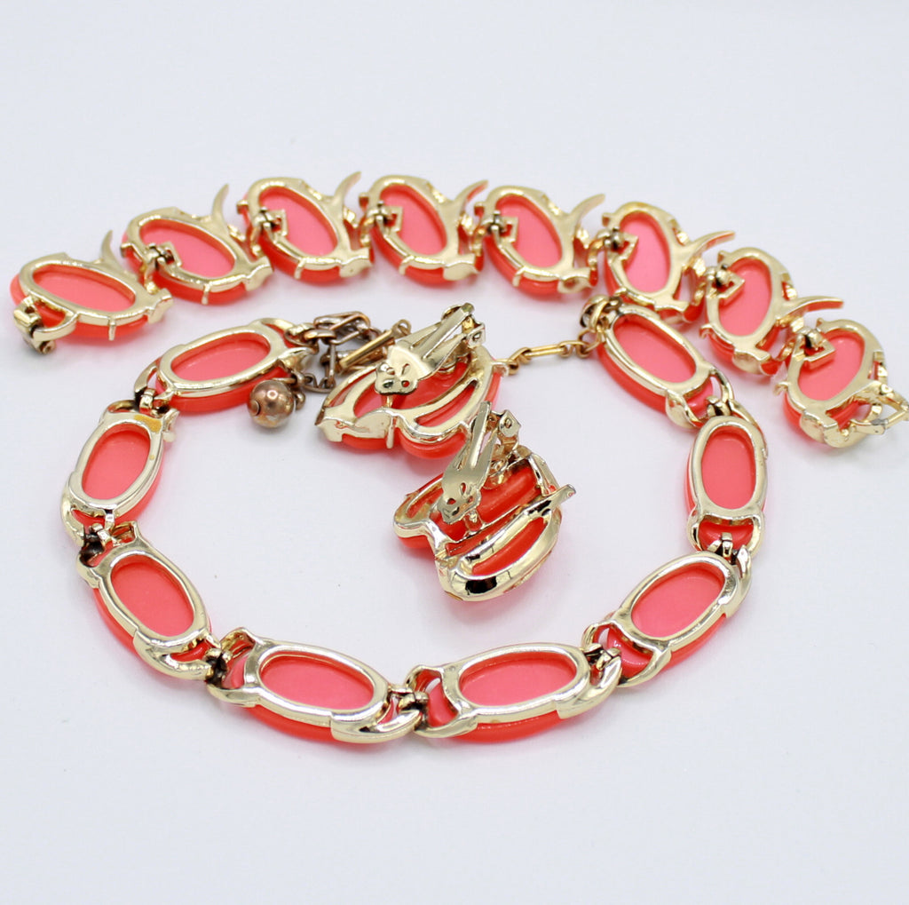 Vintage Bold Neon Melon Orange Oval Thermoset Necklace Bracelet Earrings Set