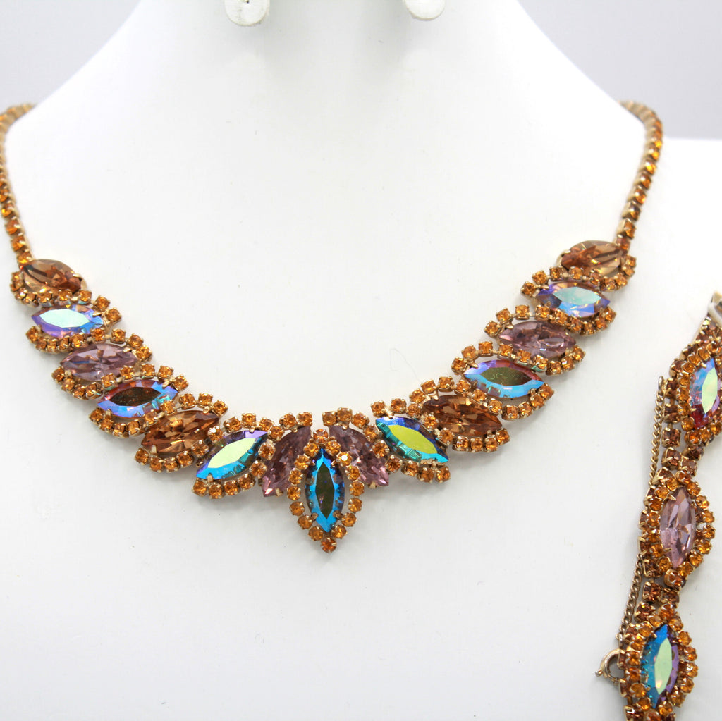 Vintage Topaz Lavender AB Rhinestone Halo Necklace Bracelet Earrings Set
