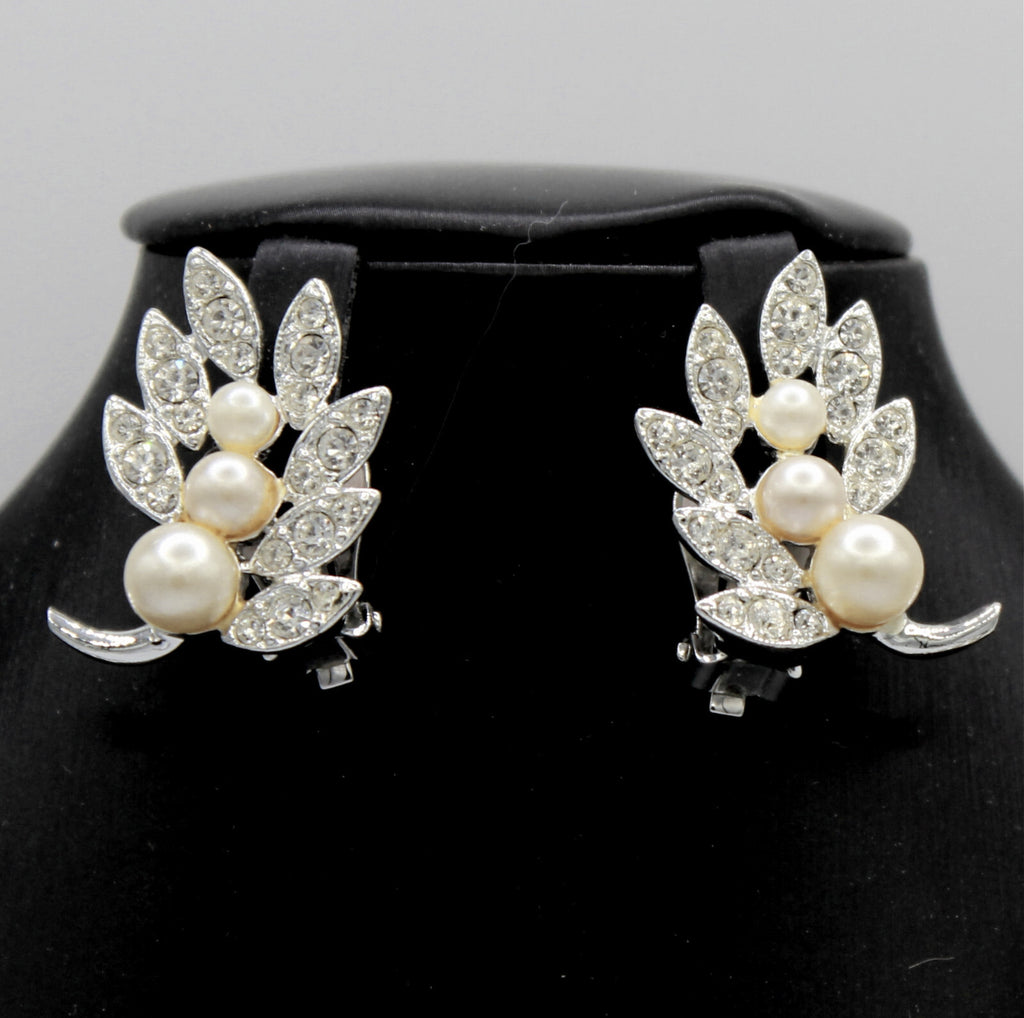 Vintage EMMONS Pearl Rhinestone Leaf Necklace Bracelet Earrings Set Original Box