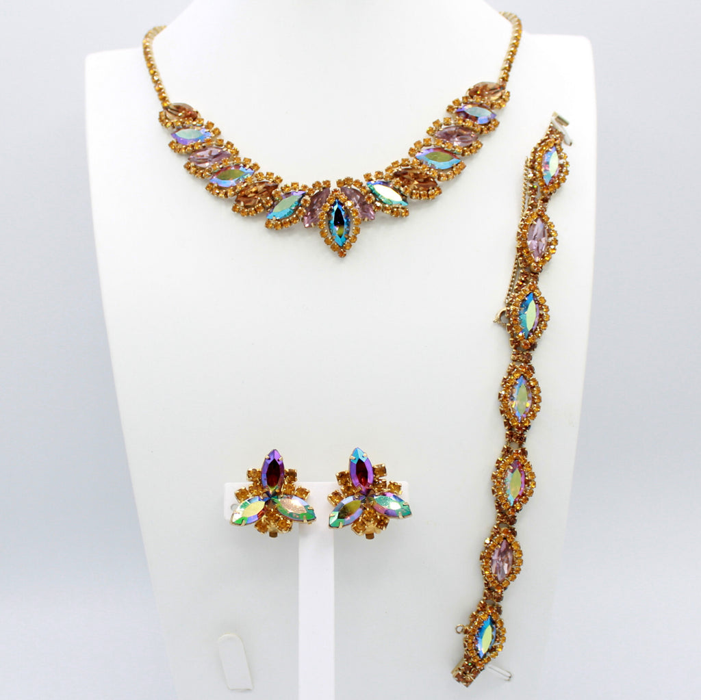 Vintage Topaz Lavender AB Rhinestone Halo Necklace Bracelet Earrings Set