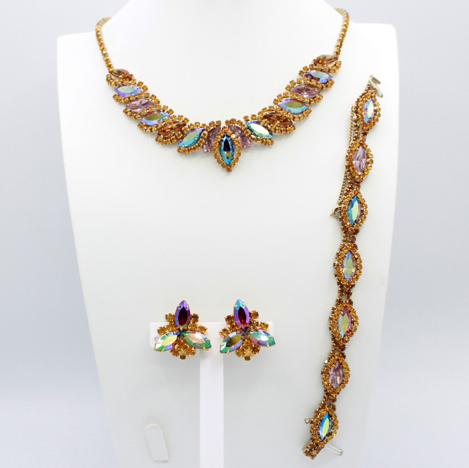 Vintage Topaz Lavender AB Rhinestone Halo Necklace Bracelet Earrings Set