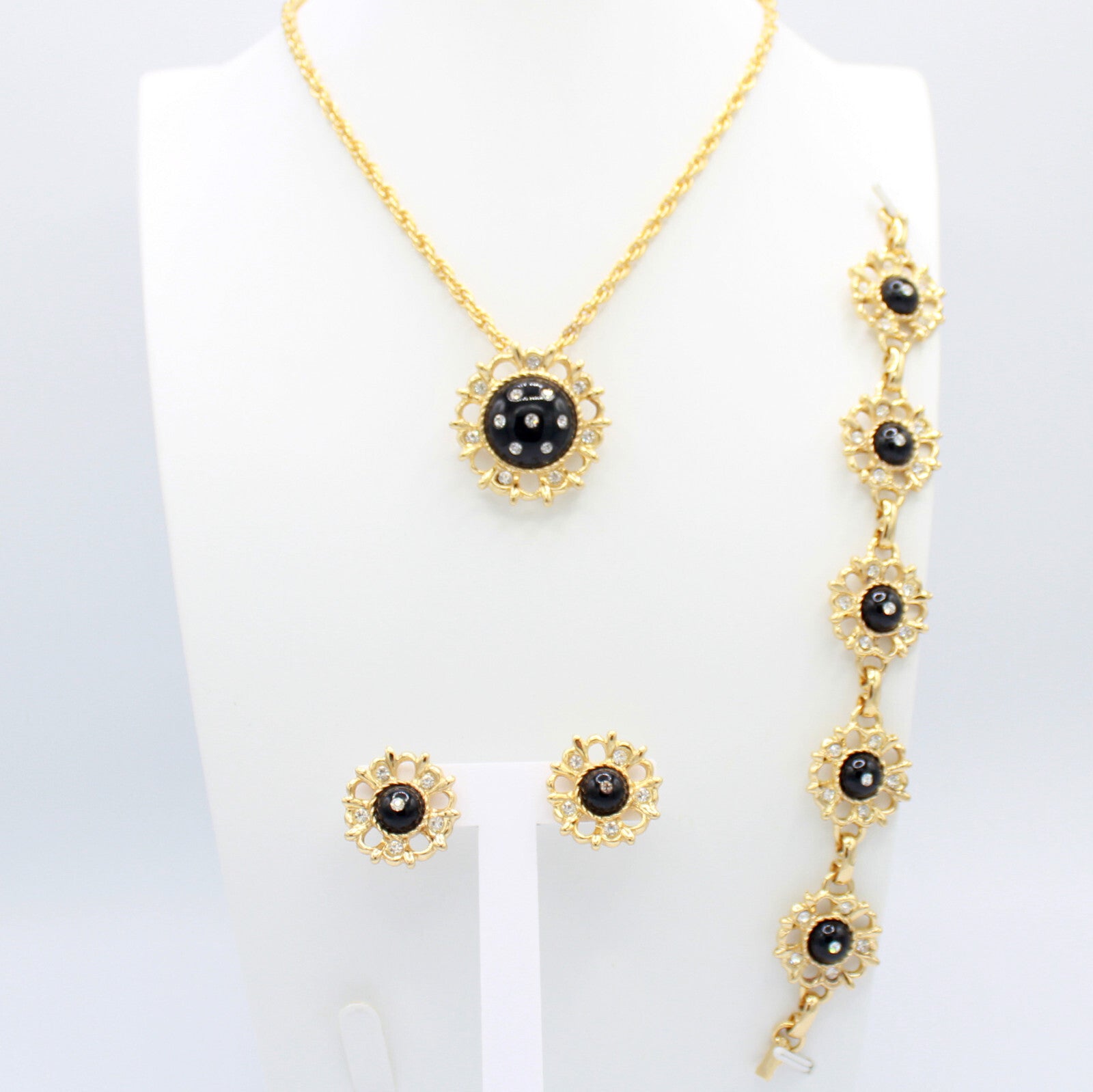 Vintage DAISY BLACK CABOCHON CLEAR Rhinestone Necklace Bracelet Earrings Set