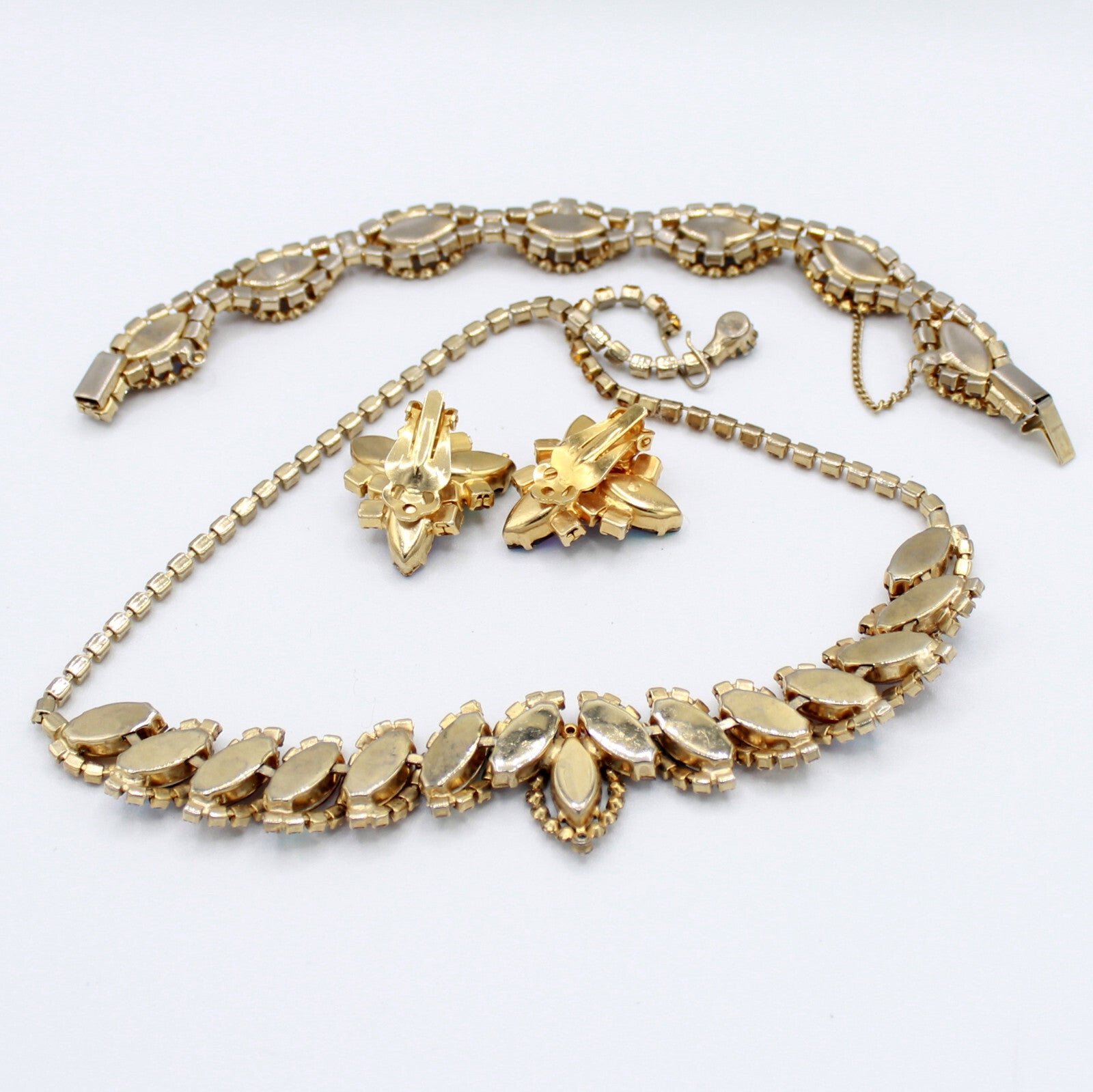 Vintage Topaz Lavender AB Rhinestone Halo Necklace Bracelet Earrings Set