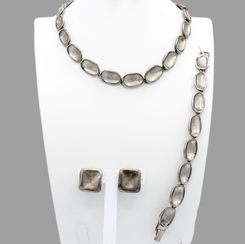 Vintage MODERNIST Abstract Silvertoned Sections Necklace Bracelet Earrings Set