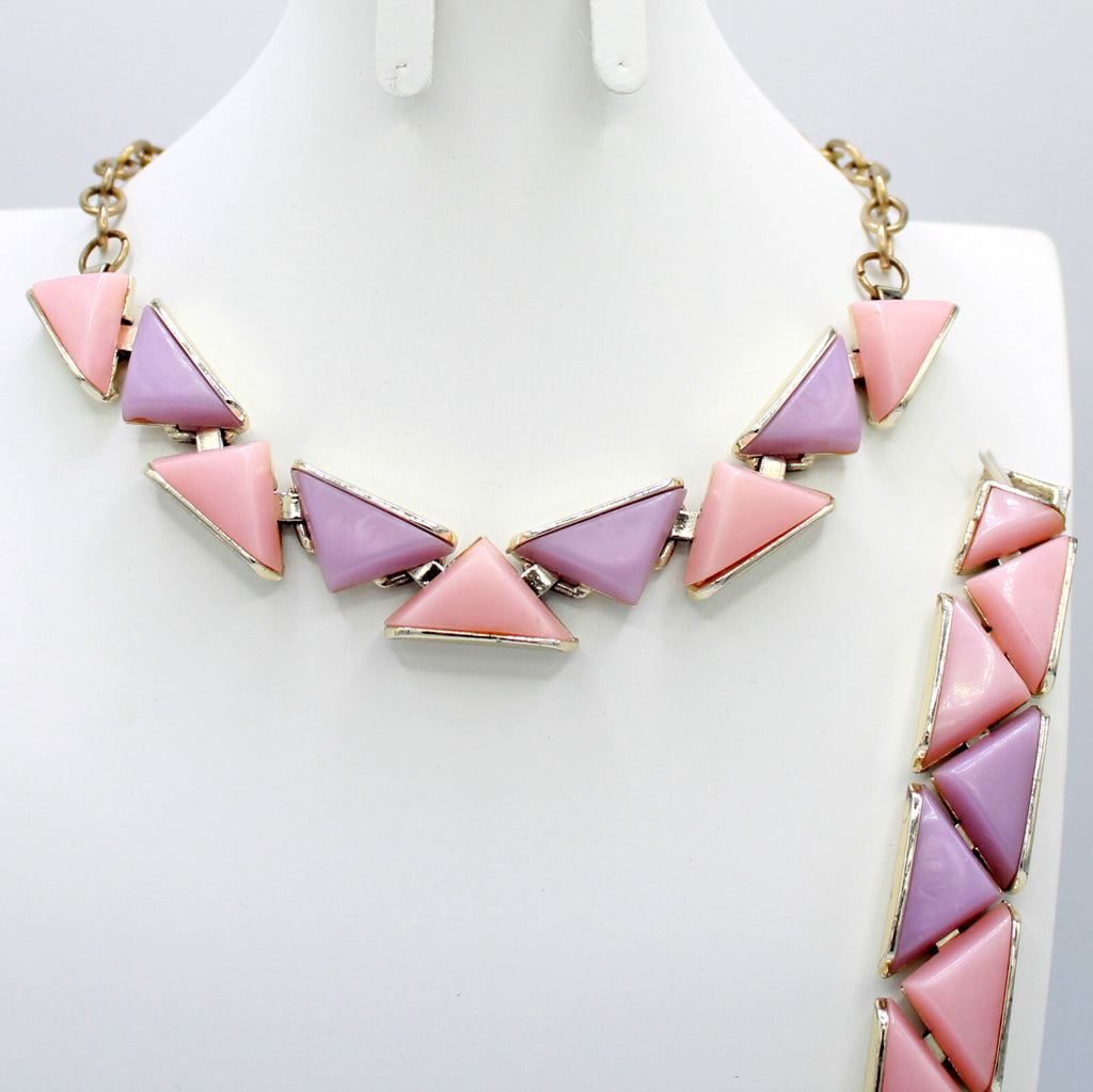VTG Pink Lavender Triangle Geometric Thermoset Necklace Bracelet Earrings Set
