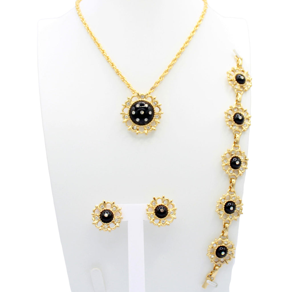 Vintage DAISY BLACK CABOCHON CLEAR Rhinestone Necklace Bracelet Earrings Set