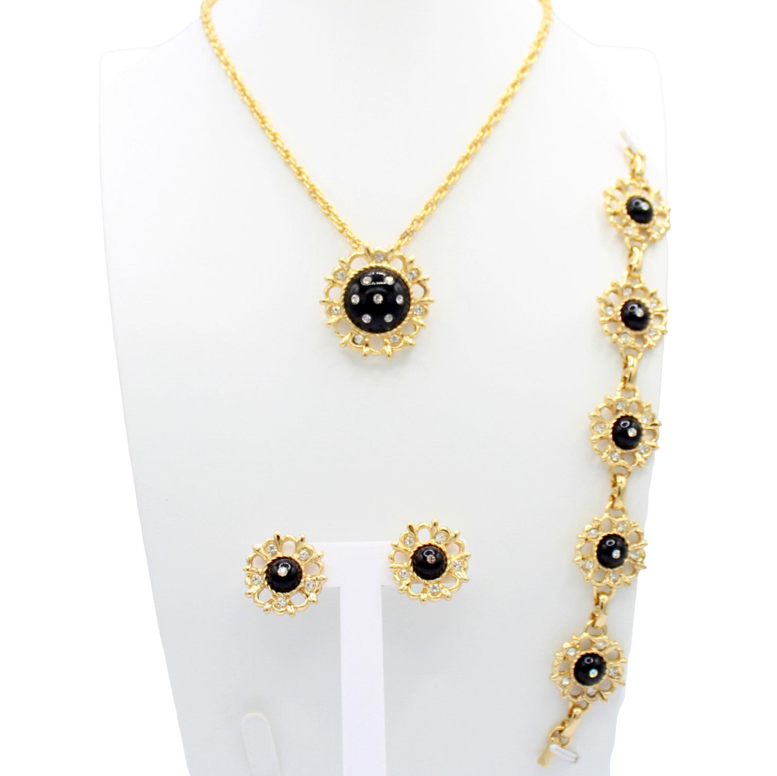 Vintage DAISY BLACK CABOCHON CLEAR Rhinestone Necklace Bracelet Earrings Set