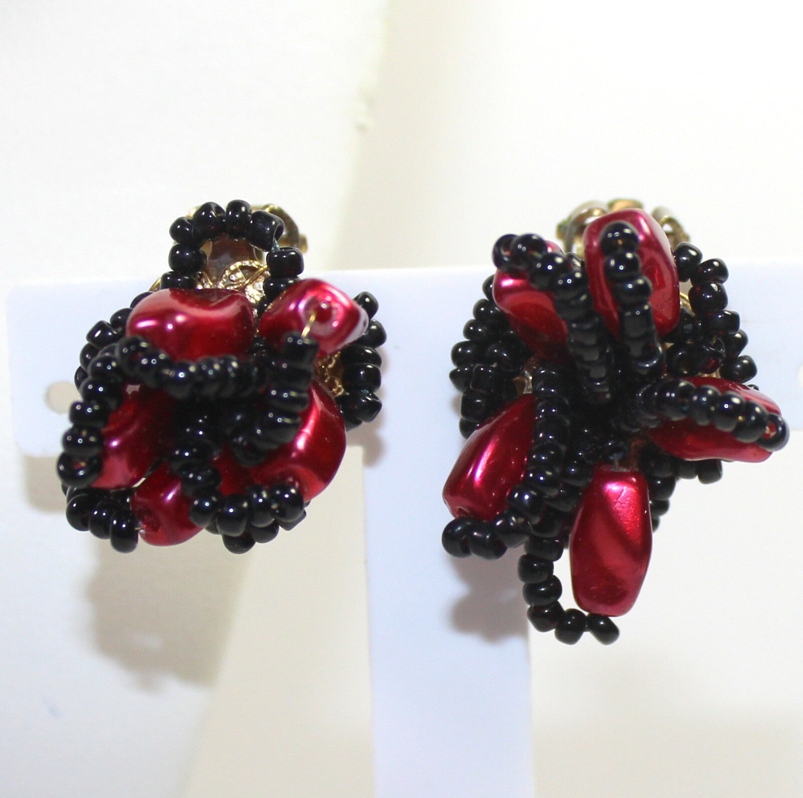 Vintage Cranberry Red Black Braided Bead Necklace Bracelet Earrings Set parure