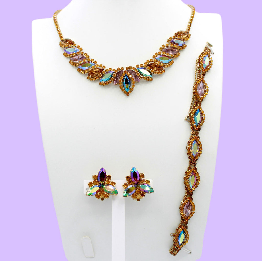Vintage Topaz Lavender AB Rhinestone Halo Necklace Bracelet Earrings Set