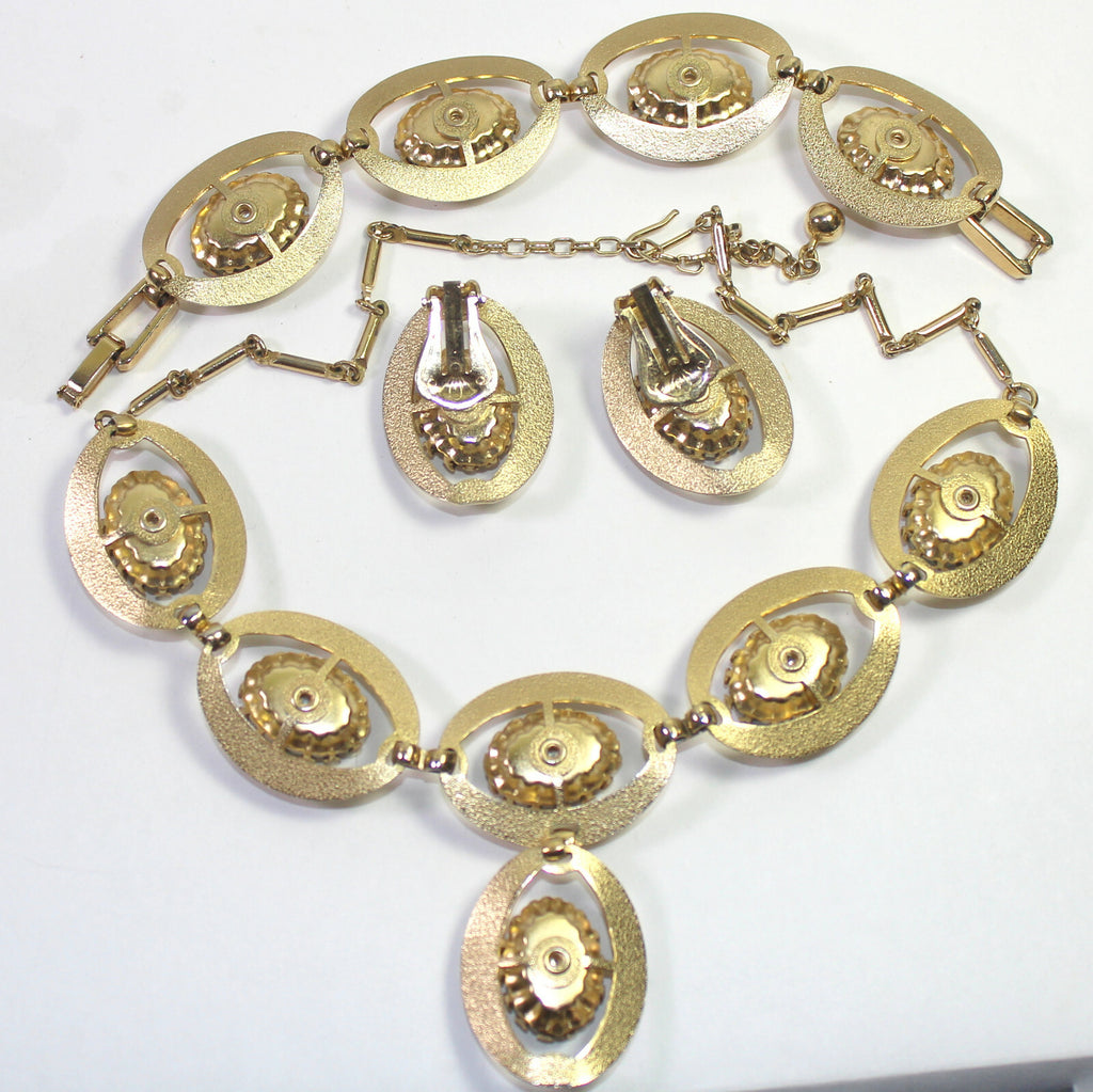 Vintage WATERMELON Vitrail Rhinestone Statement Necklace Bracelet Earrings Set