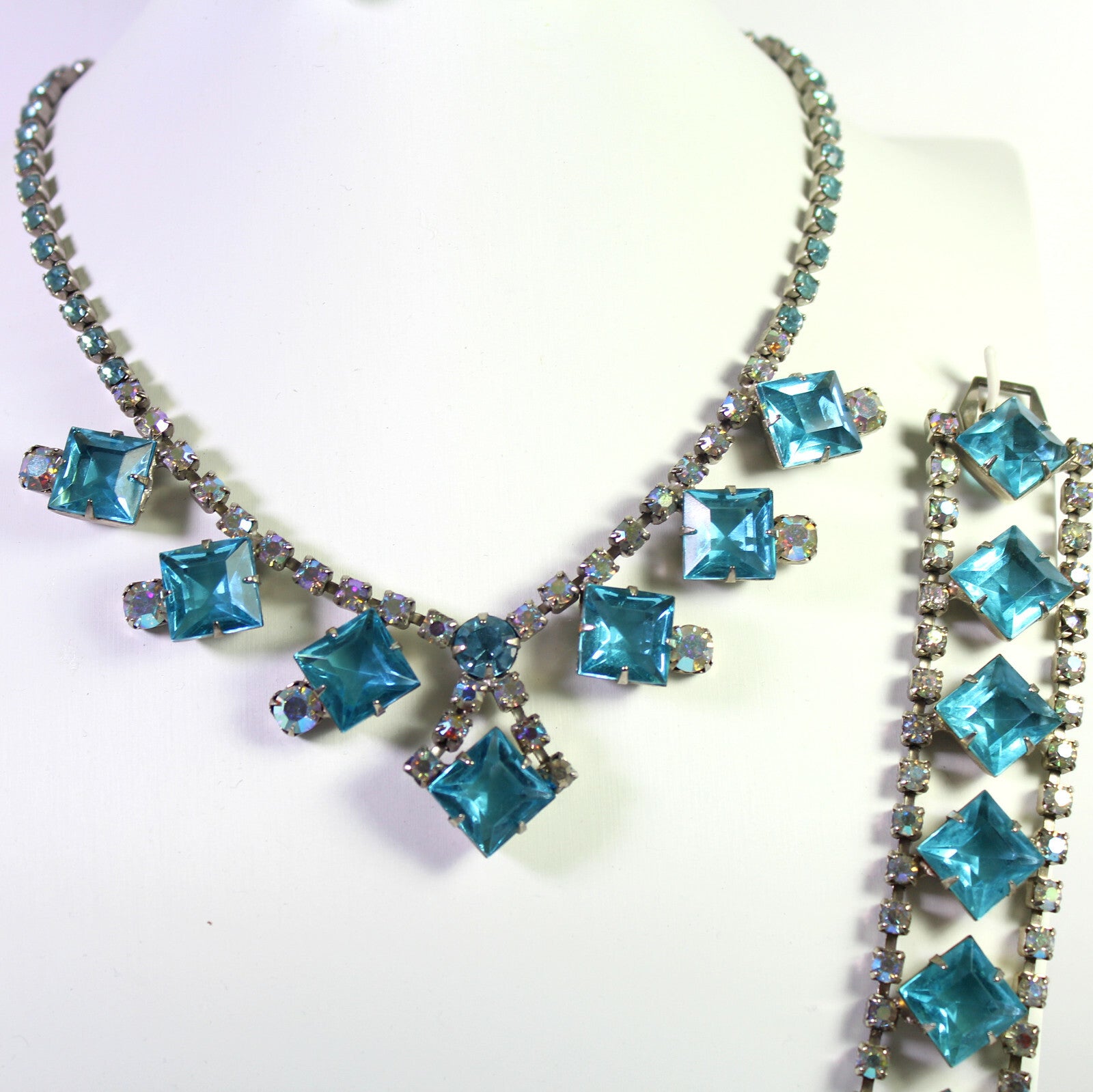 VTG AQUA TEAL BLUE Geometric Squares Rhinestone Necklace Bracelet Earrings Set