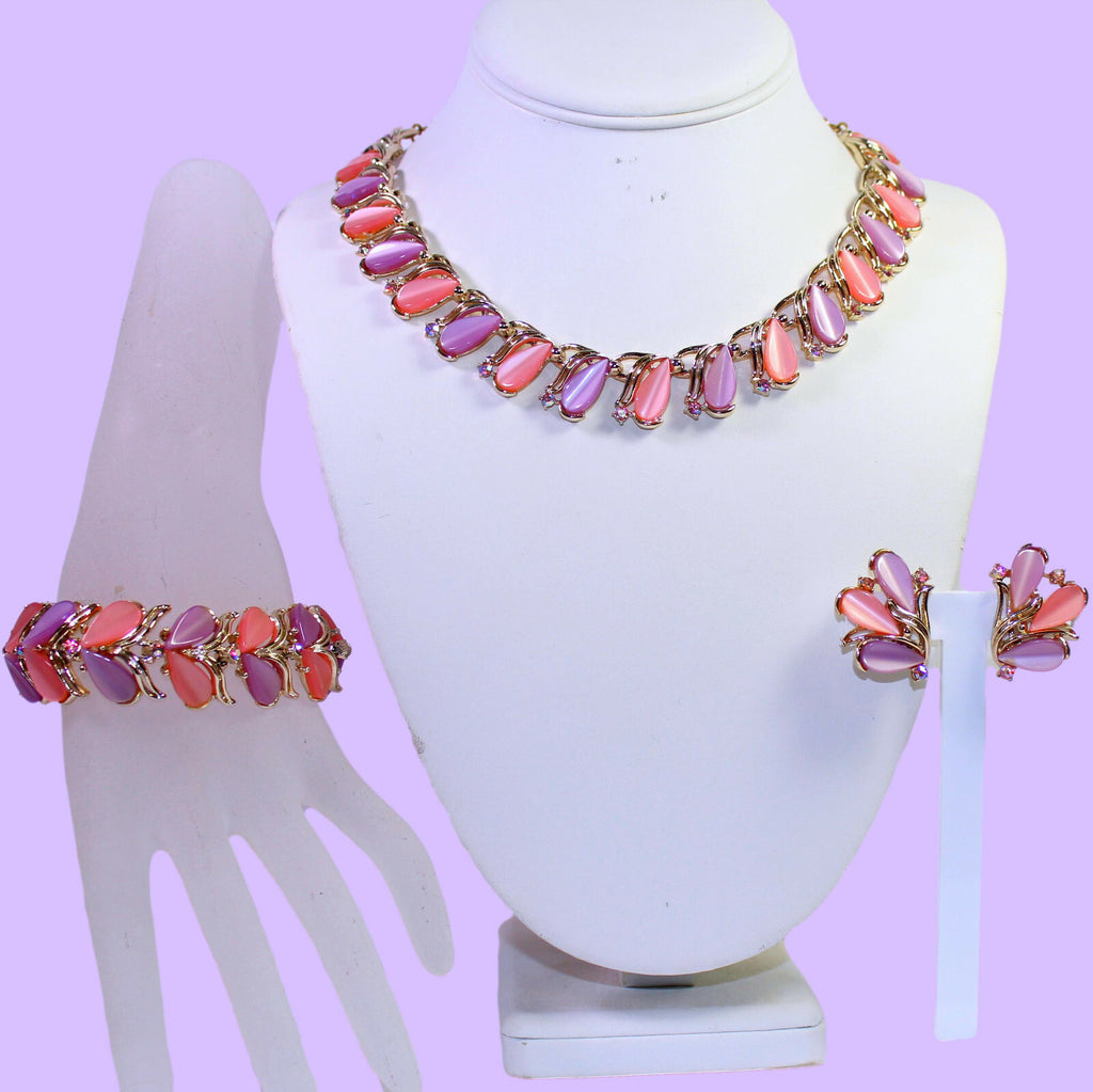 VTG ART Pastel Pink Lavender Thermoset Rhinestone Necklace Bracelet Earrings Set