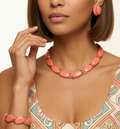 Vintage Bold Neon Melon Orange Oval Thermoset Necklace Bracelet Earrings Set