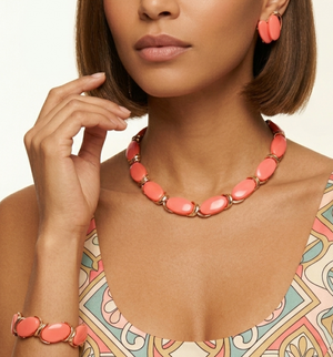 Vintage Bold Neon Melon Orange Oval Thermoset Necklace Bracelet Earrings Set