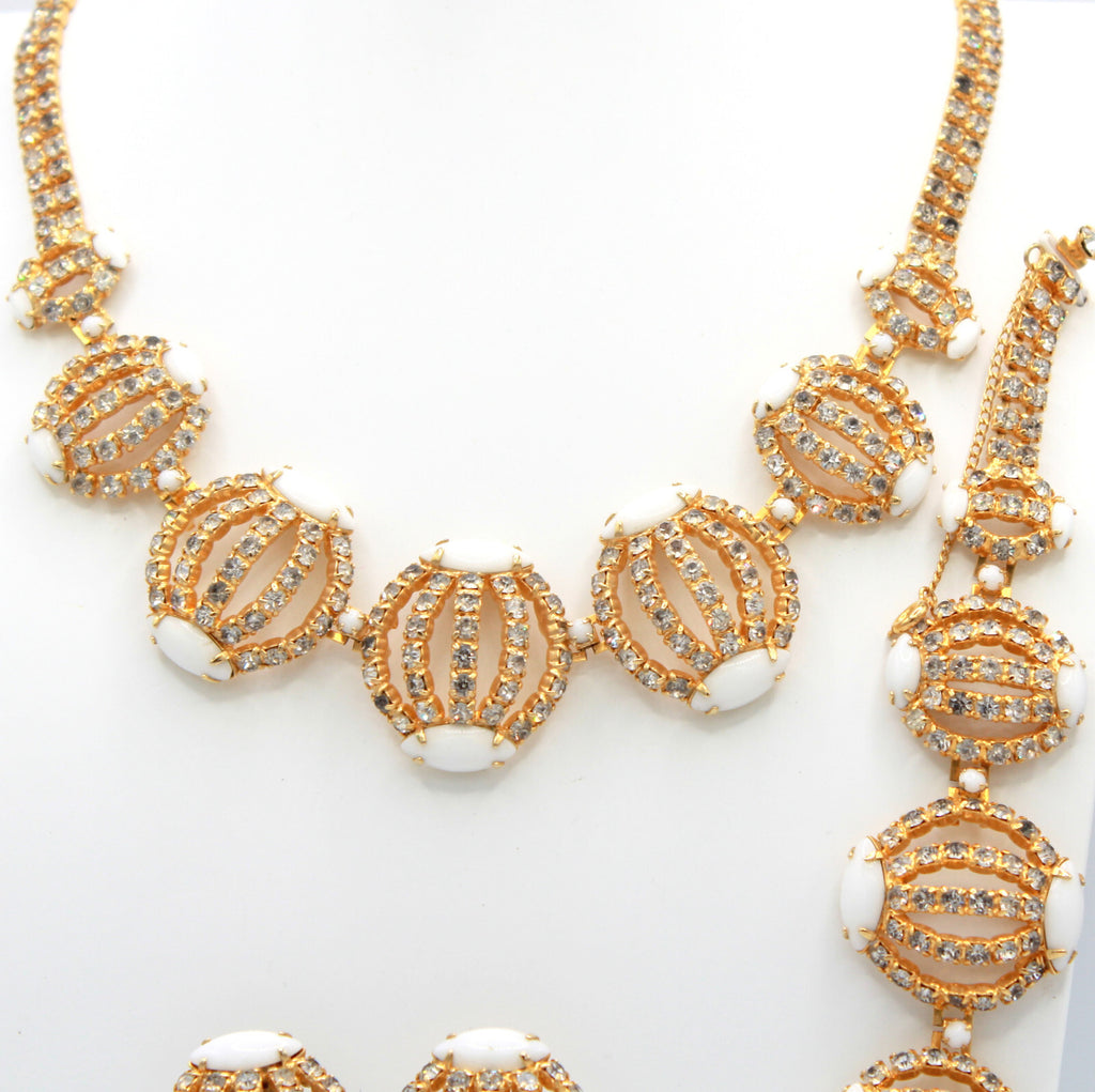 Vintage Clear Rhinestone White Milk Glass Caged Necklace Bracelet Earrings Set