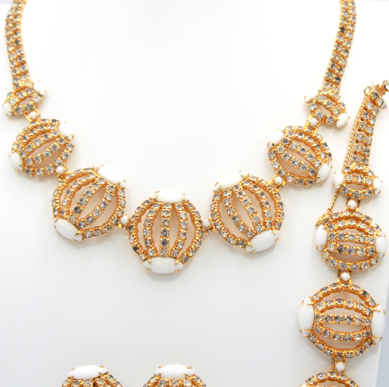 Vintage Clear Rhinestone White Milk Glass Caged Necklace Bracelet Earrings Set