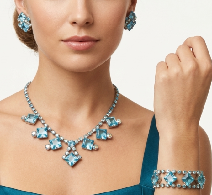 VTG AQUA TEAL BLUE Geometric Squares Rhinestone Necklace Bracelet Earrings Set