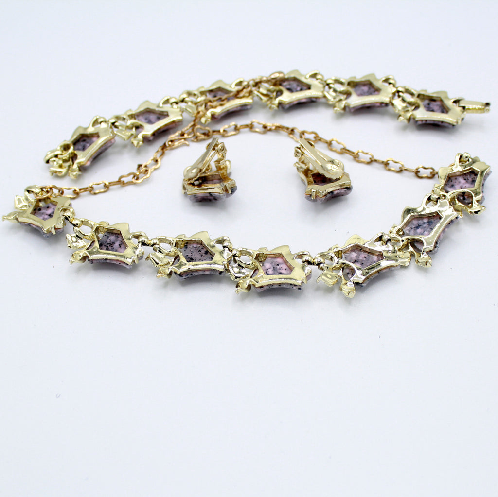 VTG Lavender Purple Lucite Bell Flower Rhinestone Necklace Bracelet Earrings Set
