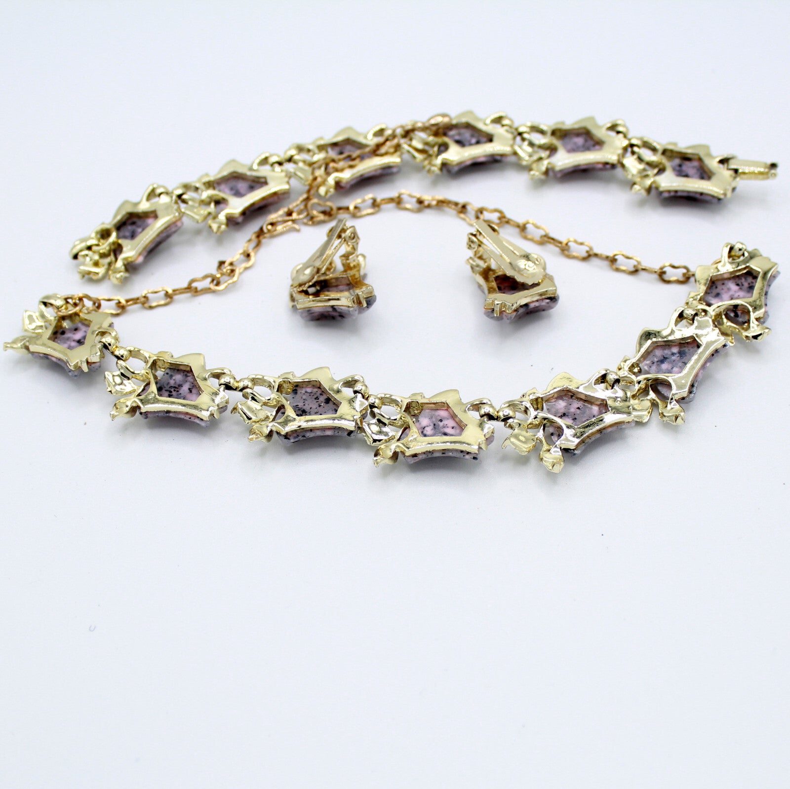 VTG Lavender Purple Lucite Bell Flower Rhinestone Necklace Bracelet Earrings Set