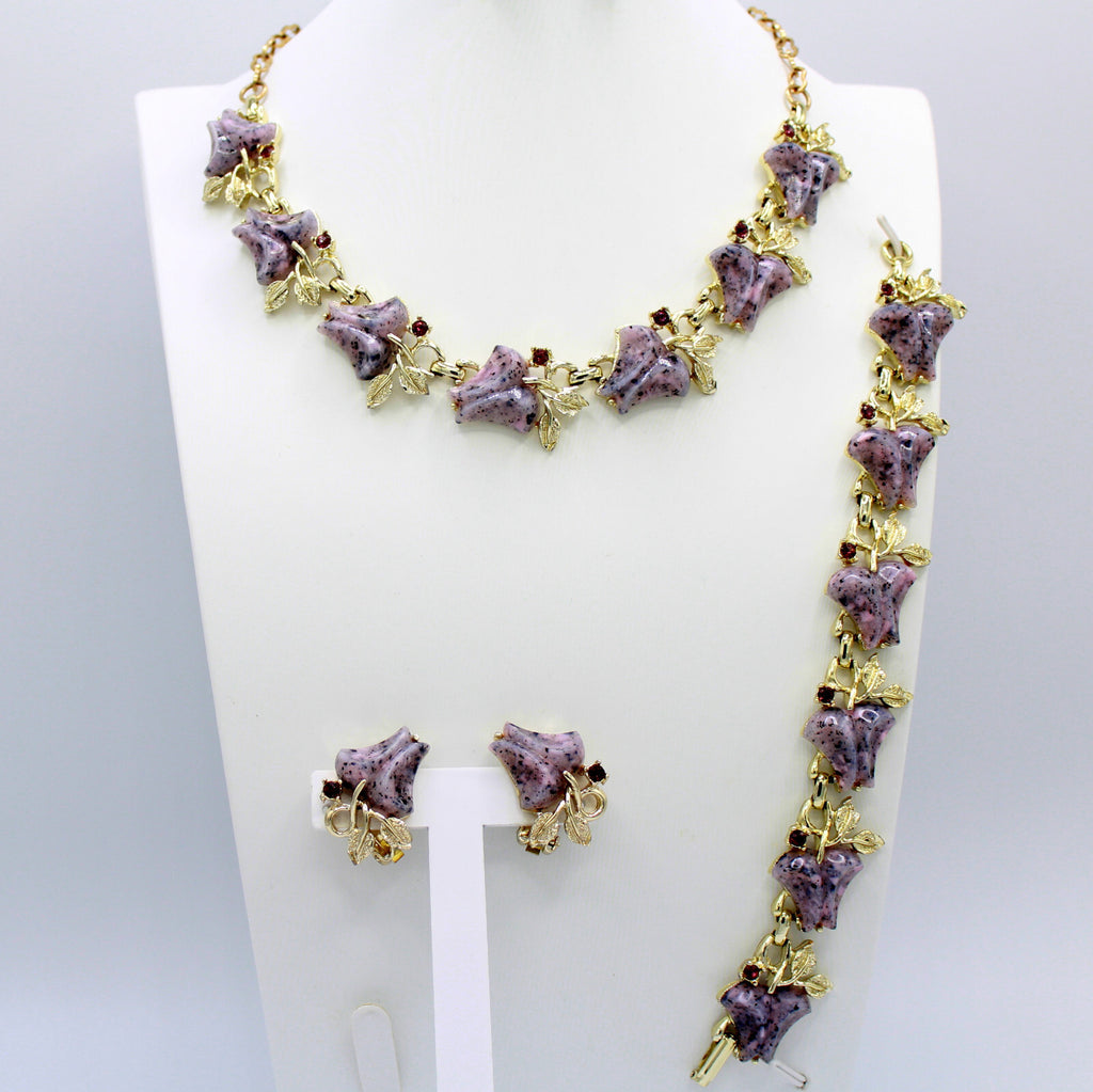 VTG Lavender Purple Lucite Bell Flower Rhinestone Necklace Bracelet Earrings Set