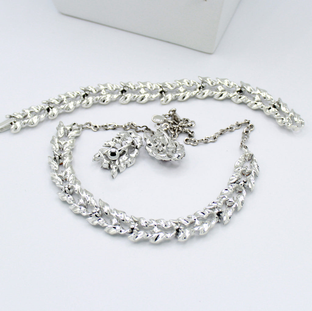 Vintage Elegant RED RHINESTONE Silver Leaves Necklace Bracelet Earrings Set