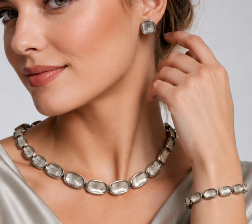 Vintage MODERNIST Abstract Silvertoned Sections Necklace Bracelet Earrings Set