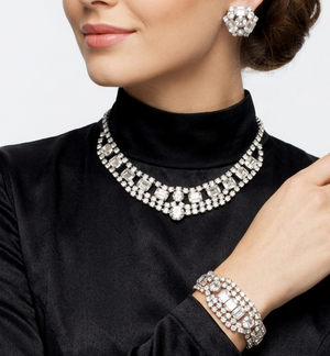 Vintage Statement CLEAR CUSHION CUT Rhinestone Necklace Bracelet Earrings Set