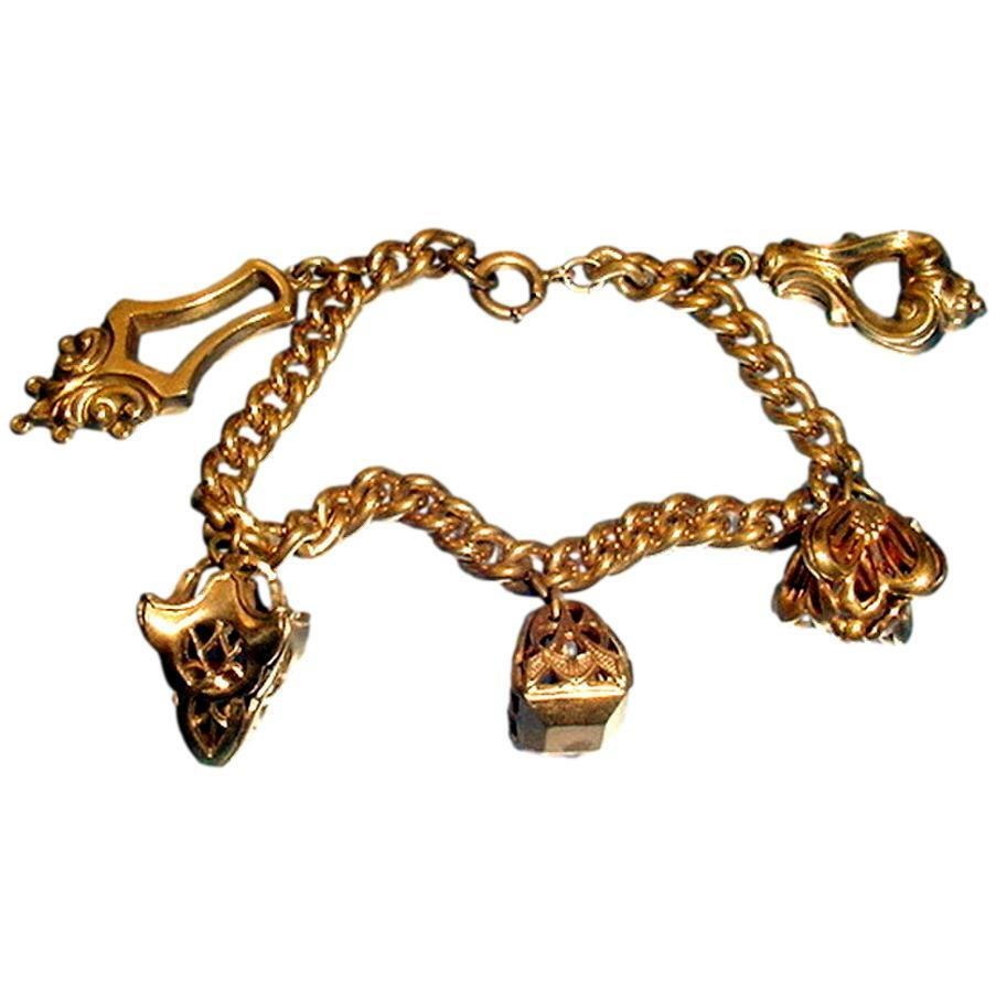  Vintage ART NOUVEAU 12K GOLD FILLED 3-D Hollow Fancy Fob Charm Bracelet